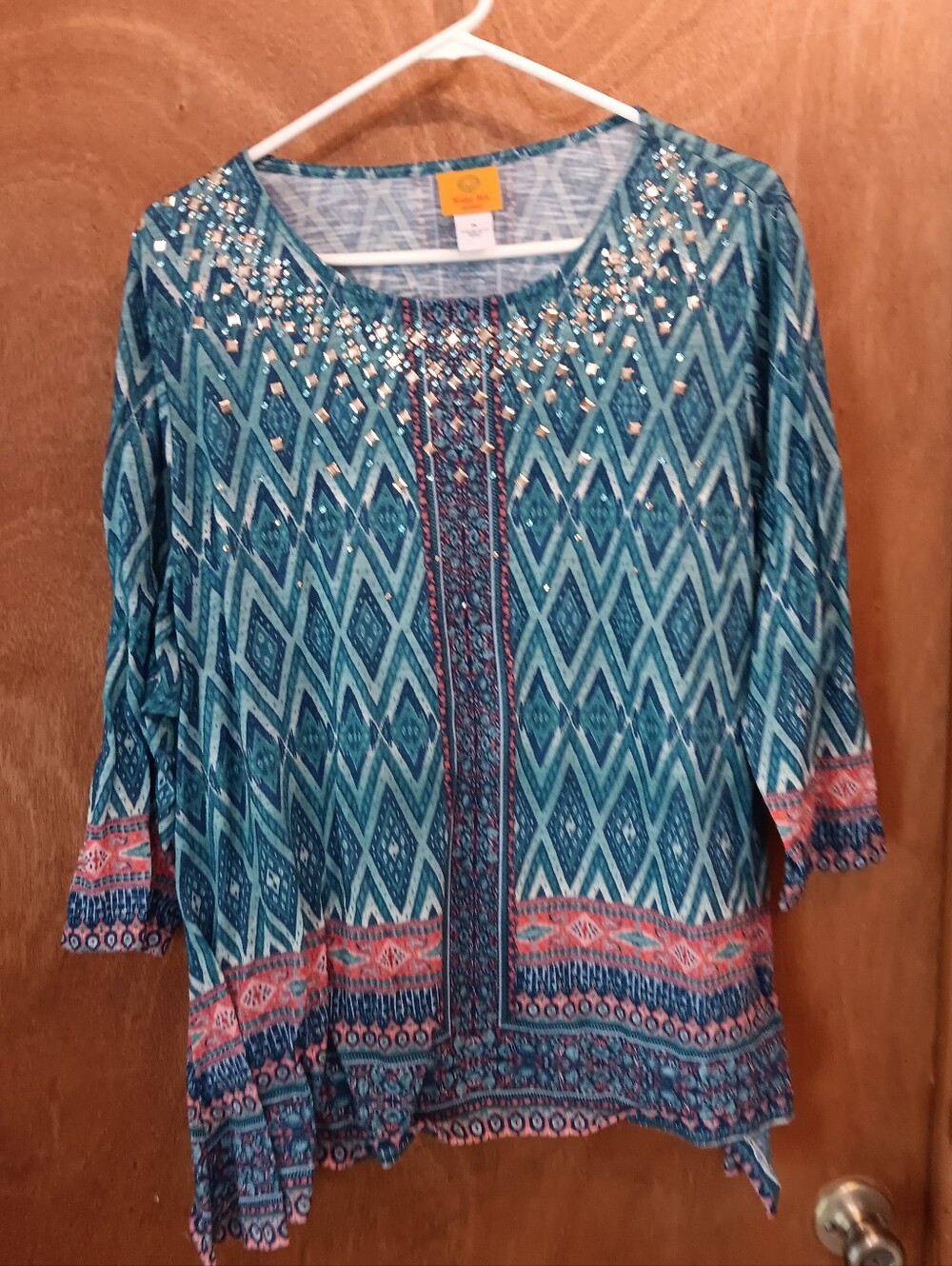 Ruby Rd. Teal and Coral Patterned Tunic with Beaded Neckline